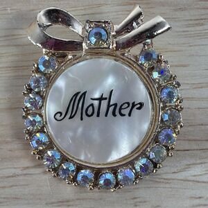 Mother Ribbon Wreath Vintage Brooch AB Rhinestone Decoration Gold Tone Retro